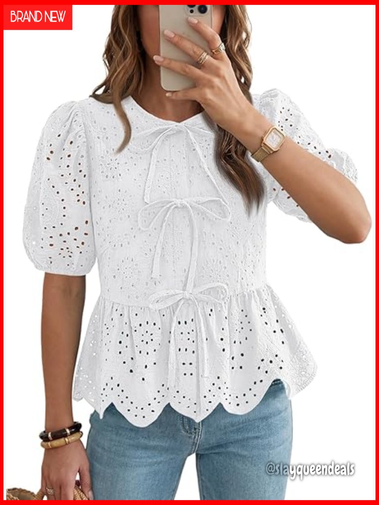 Women's Embroidered Peplum Blouse With Puff Sleeves